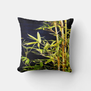 Bamboo Foliage Tropical Art On Black Cushion