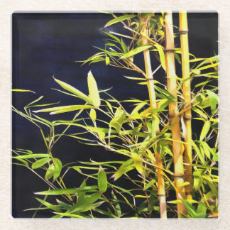 Bamboo Foliage Tropical Art On Black Glass Coaster