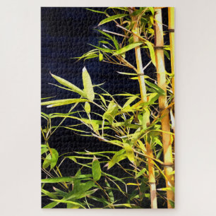 Bamboo Foliage Tropical Art On Black Jigsaw Puzzle