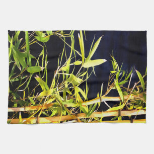 Bamboo Foliage Tropical Art On Black Tea Towel