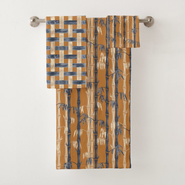 Bamboo Forest Mid Century Modern Rust Bath Towel Set (Insitu)