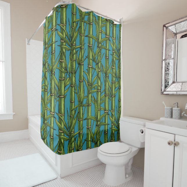 Bamboo forest on blue shower curtain (In Situ)