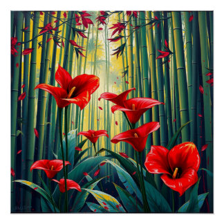 bamboo forest with red callas poster