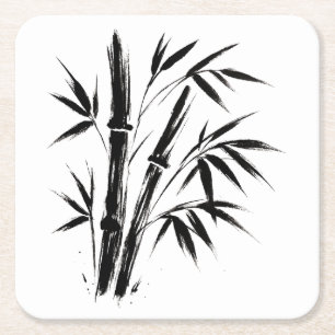 Bamboo Ink Illustration – Zen Design on Square Paper Coaster