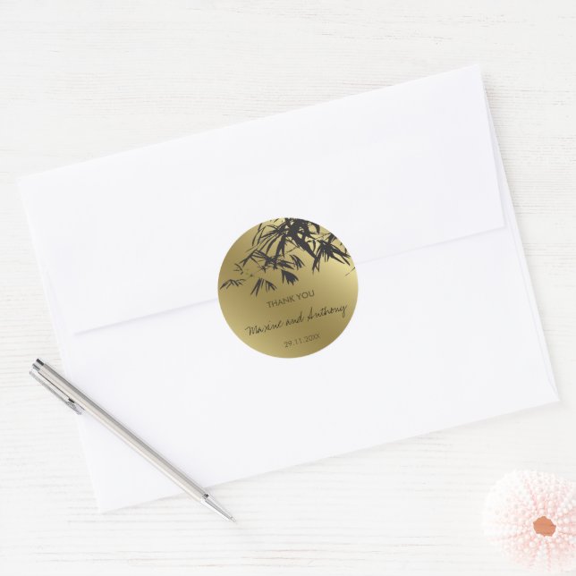 Bamboo Leaves Black Gold Thank You Wedding Sticker (Envelope)