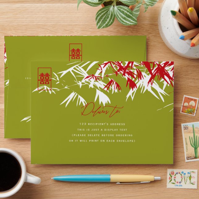 Bamboo Leaves Double Happiness Chinese Wedding Envelope (Desk)