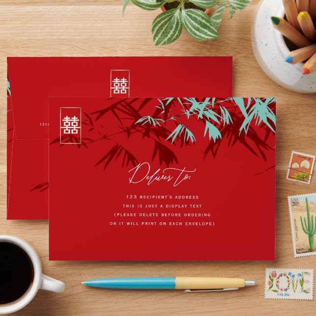 Bamboo Leaves Double Happiness Chinese Wedding Envelopes (Desk)