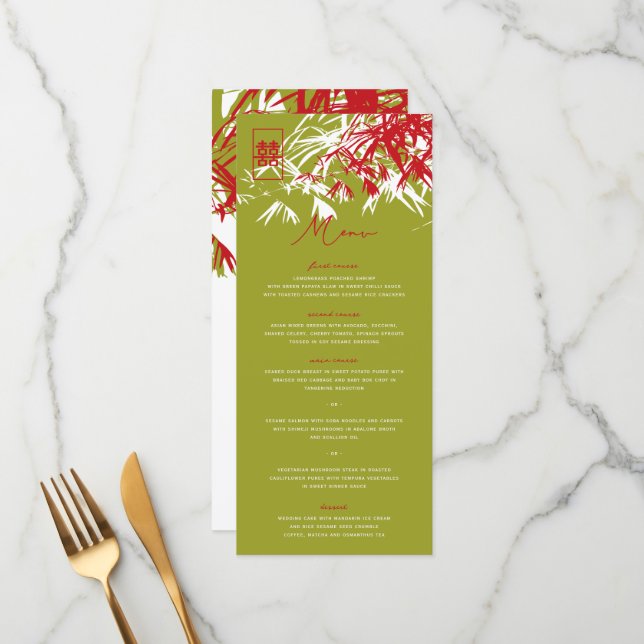 Bamboo Leaves Double Happiness Wedding Menu Card (Front/Back In Situ)
