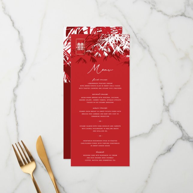 Bamboo Leaves Double Happiness Wedding Menu Card (Front/Back In Situ)
