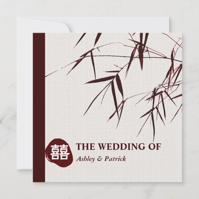 Bamboo Leaves/Oriental Double Happiness Wedding Invitation (Front)