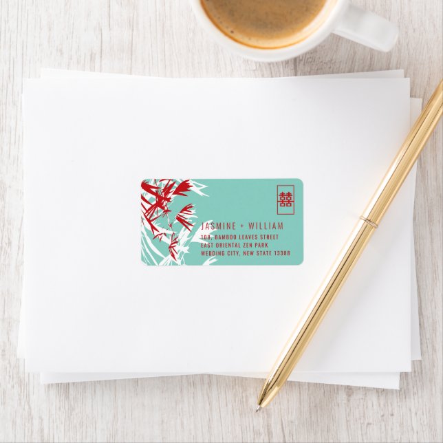 Bamboo Leaves Shuang Xi Chinese Wedding Address Label (Insitu)