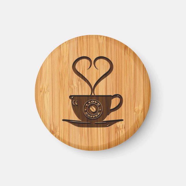 Bamboo Look & Engraved Cute I Love Coffee Magnet (Front)