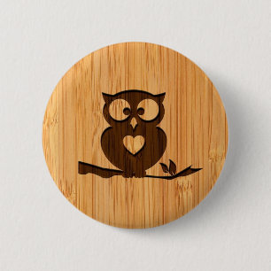 Bamboo Look & Engraved Cute Owl in Tree 6 Cm Round Badge