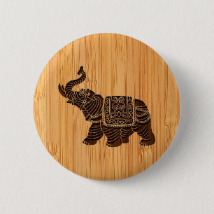 Bamboo Look & Engraved Retro Thai Elephant 6 Cm Round Badge
