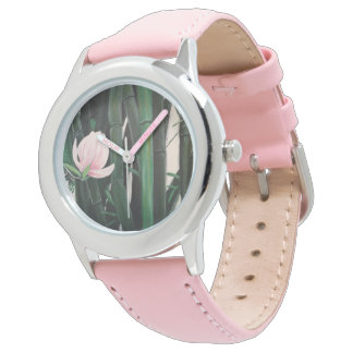 Bamboo magnolias - custom watch, leather band watch