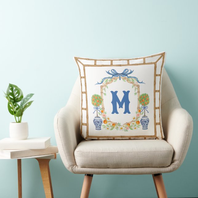 Bamboo & Orange Topiary Crest | 1-Letter Monogram Cushion (Chair)