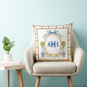 Bamboo & Orange Topiary Crest   3-Letter Monogram Cushion