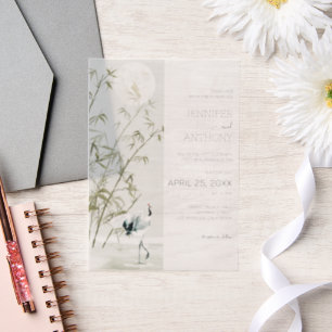 Bamboo Plants and Crane Wedding Vellum Invitations