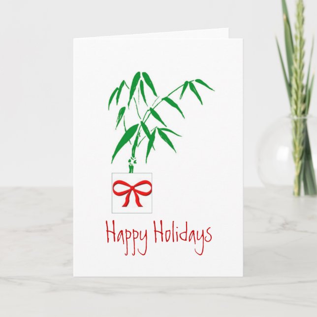 Bamboo & Red Bow Customisable Holiday Card (Front)