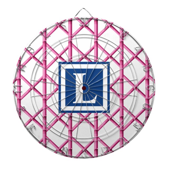 Bamboo Trellis Pink Navy Preppy Pattern Monogram Dartboard (Front)