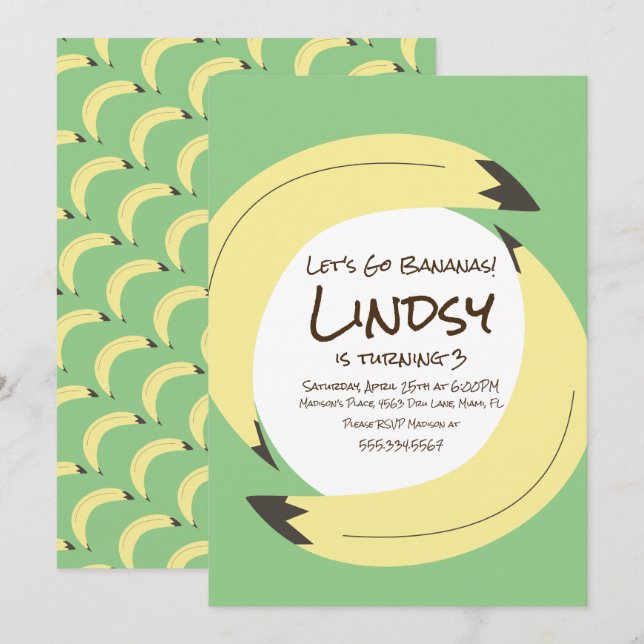 Banana Birthday Party  Green Yellow Invitation (Front/Back)