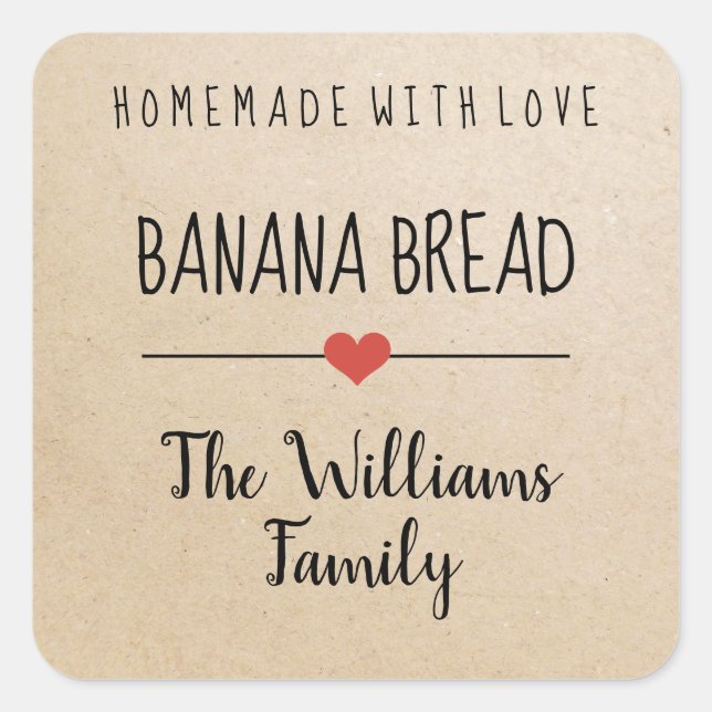 banana bread homemade with love kraft name square sticker (Front)