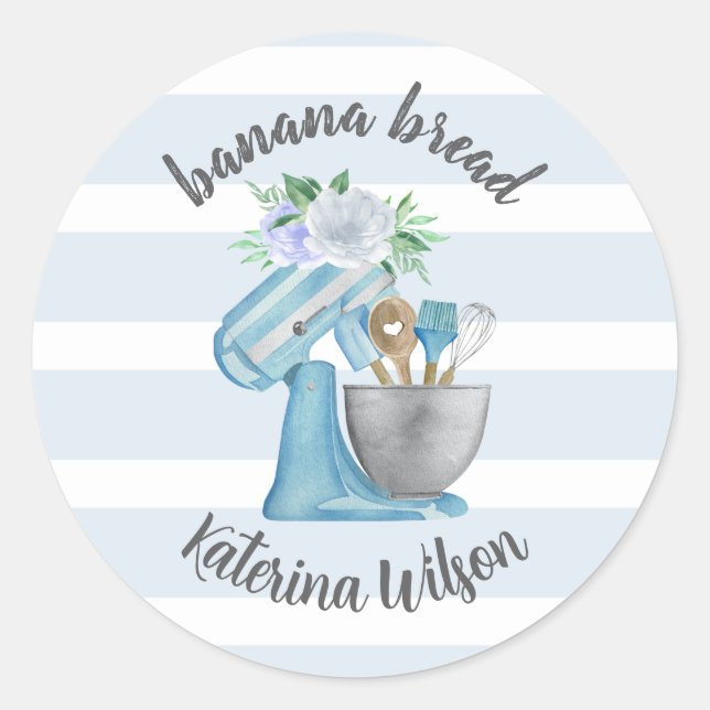 Banana Bread Label Blue Flower Mixer Small Bakery (Front)