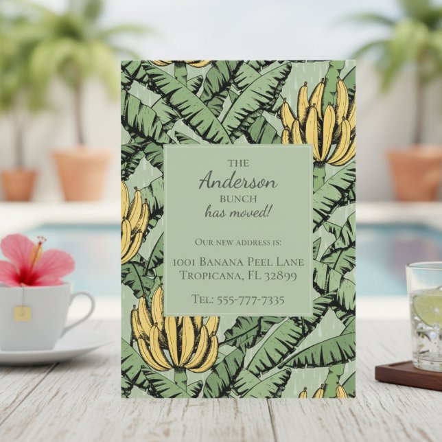 Banana Bunch New Address Moving Announcement Cards (Modern We've Moved New Address Card. Chic Tropical Yellow Banana Bunch & Leaves Pattern in Green)