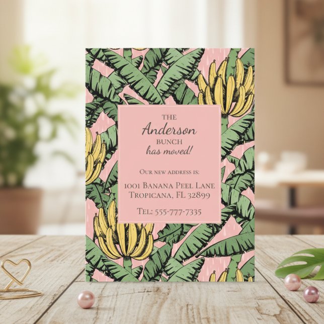 Banana Bunch New Address Moving Announcement Cards (Modern We've Moved New Address Card. Chic Tropical Yellow Banana Bunch & Leaves Pattern in Pink)