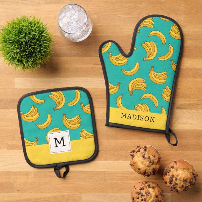 Banana Fruit Fun Pattern Oven Mitt & Pot Holder Set (Top Down)