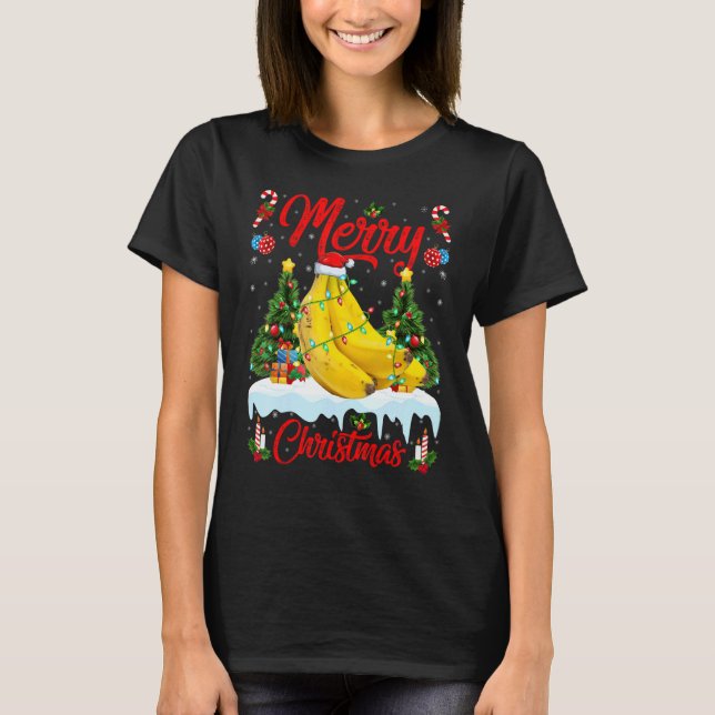 Banana Fruit Lights Xmas Tree Santa Banana Christm T-Shirt (Front)
