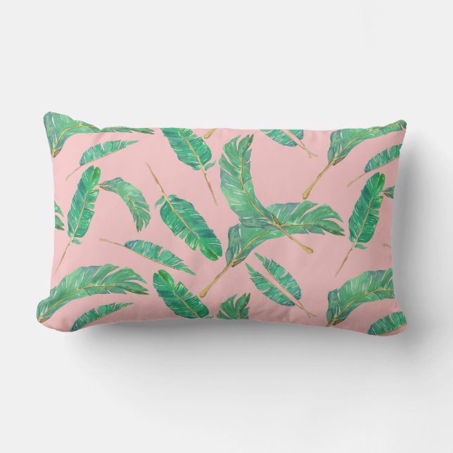 Banana Leaf Pink Green Tropical Leaves Pattern Lumbar Cushion (Front)