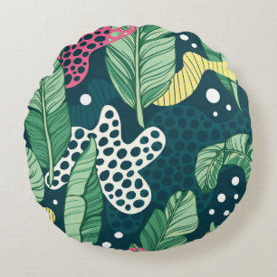 Banana leaves abstract, trendy colours round cushion