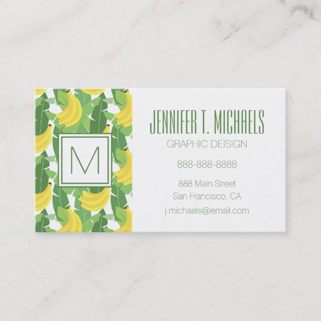 Banana Leaves And Fruit Pattern | Monogram Business Card (Front)