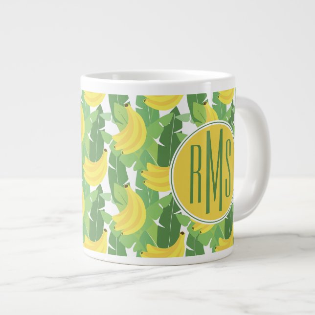 Banana Leaves And Fruit Pattern | Monogram Large Coffee Mug (Front Right)