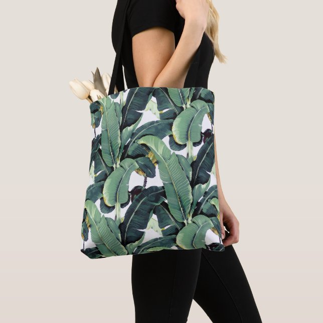 Banana Leaves Palm Tree Tropical Print Tote Bag (Close Up)
