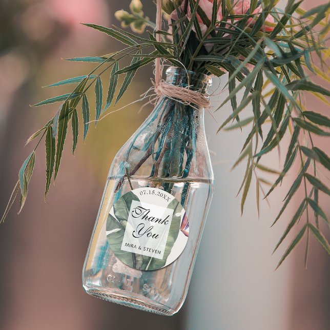 Banana Leaves tropical  thank you wedding  Classic Round Sticker (Creator Uploaded)