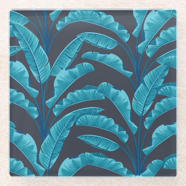 Banana Leaves: Vintage Tropical Pattern. Glass Coaster (Front)