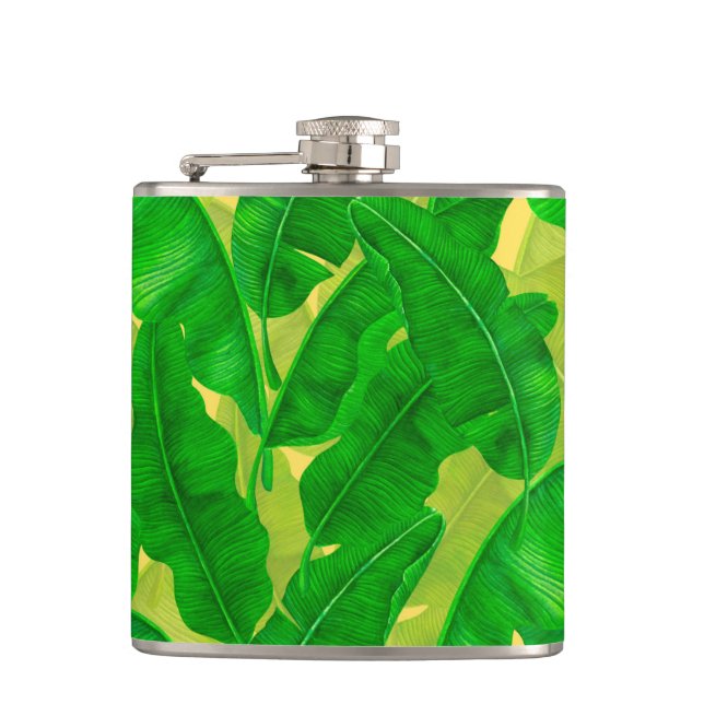 Banana leaves watercolor pattern hip flask (Front)