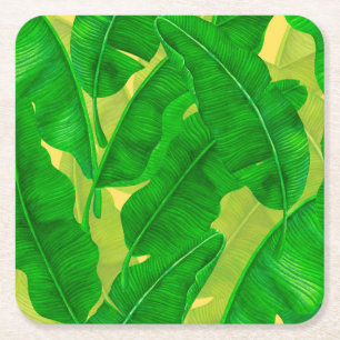 Banana leaves watercolor pattern square paper coaster