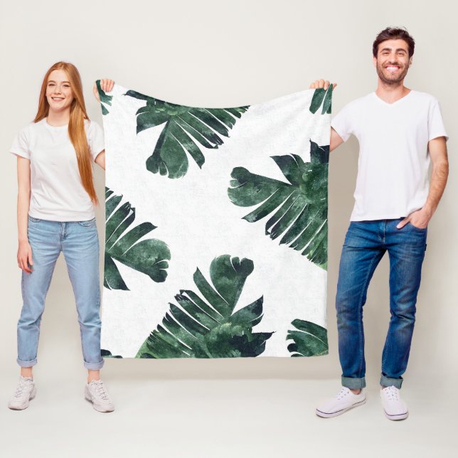 Banana Leaves Watercolor Tropical Botanical Fleece Blanket (In Situ)