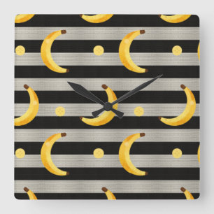 Banana Modern Black & White Stripes Square Wall Clock