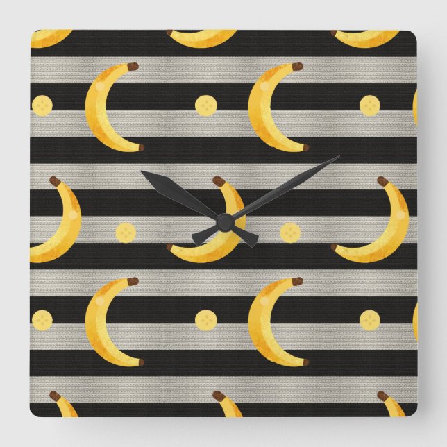 Banana Modern Black & White Stripes Square Wall Clock (Front)