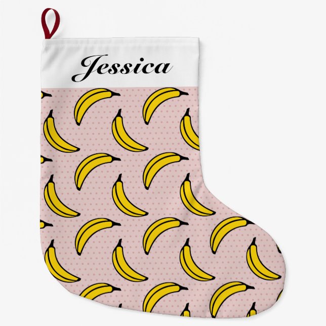 Banana Print Holiday Custom Name Large Christmas Stocking (Front)