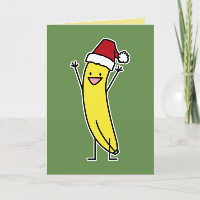 Banana Santa hat celebrating and cheering Christma Holiday Card (Front)