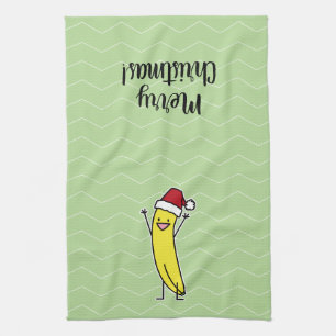 Banana Santa hat cheering Christmas holiday Tea Towel