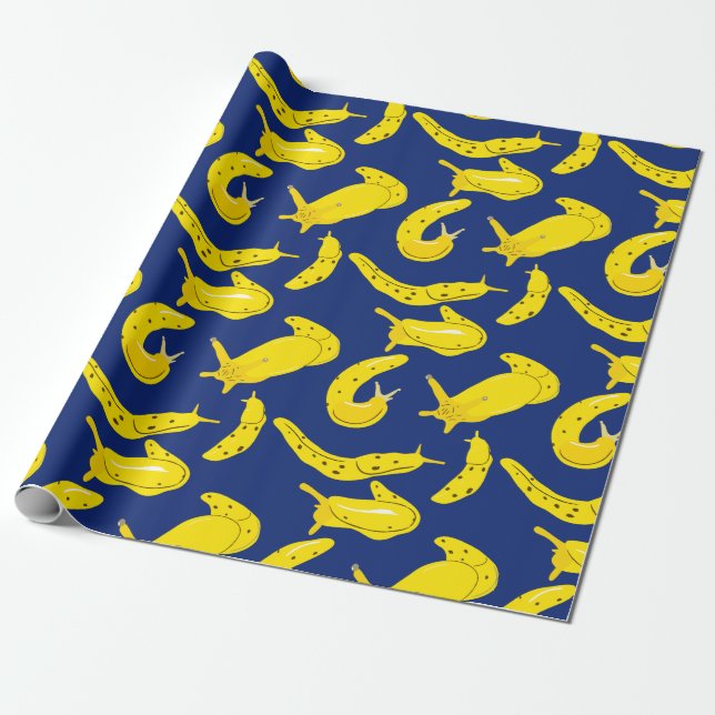 Banana Slugs Bright Yellow, Royal Blue Patterned Wrapping Paper (Unrolled)
