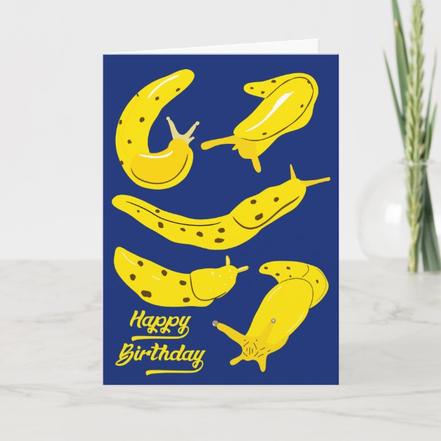 Banana Slugs Yellow and Royal Blue Birthday Card (Front)