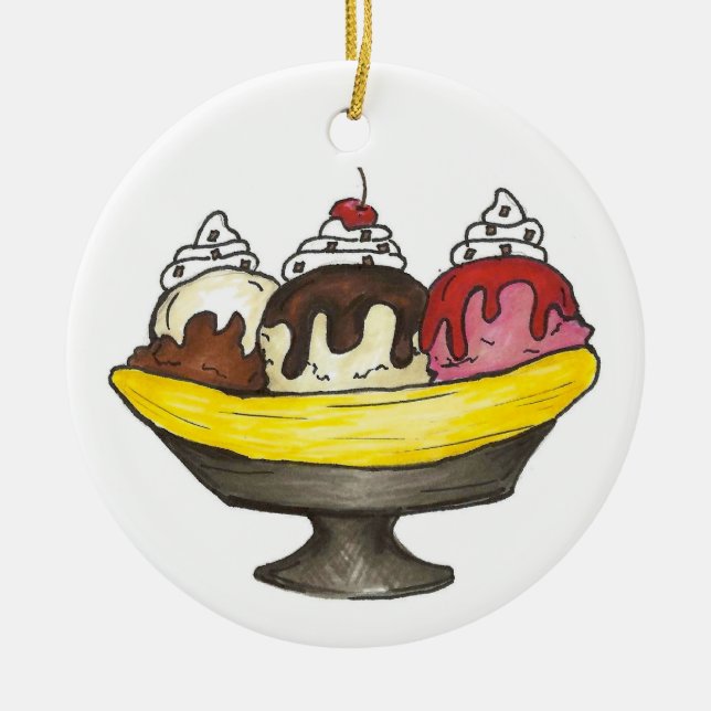 Banana Split Ice Cream Social Sundae Dessert Ceramic Tree Decoration (Front)