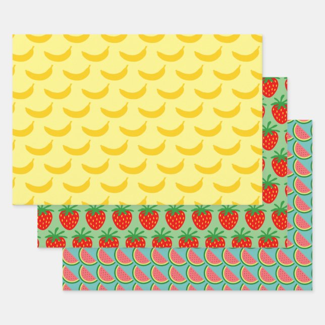 Banana strawberry watermelon funny fruit pattern wrapping paper sheet (Set)